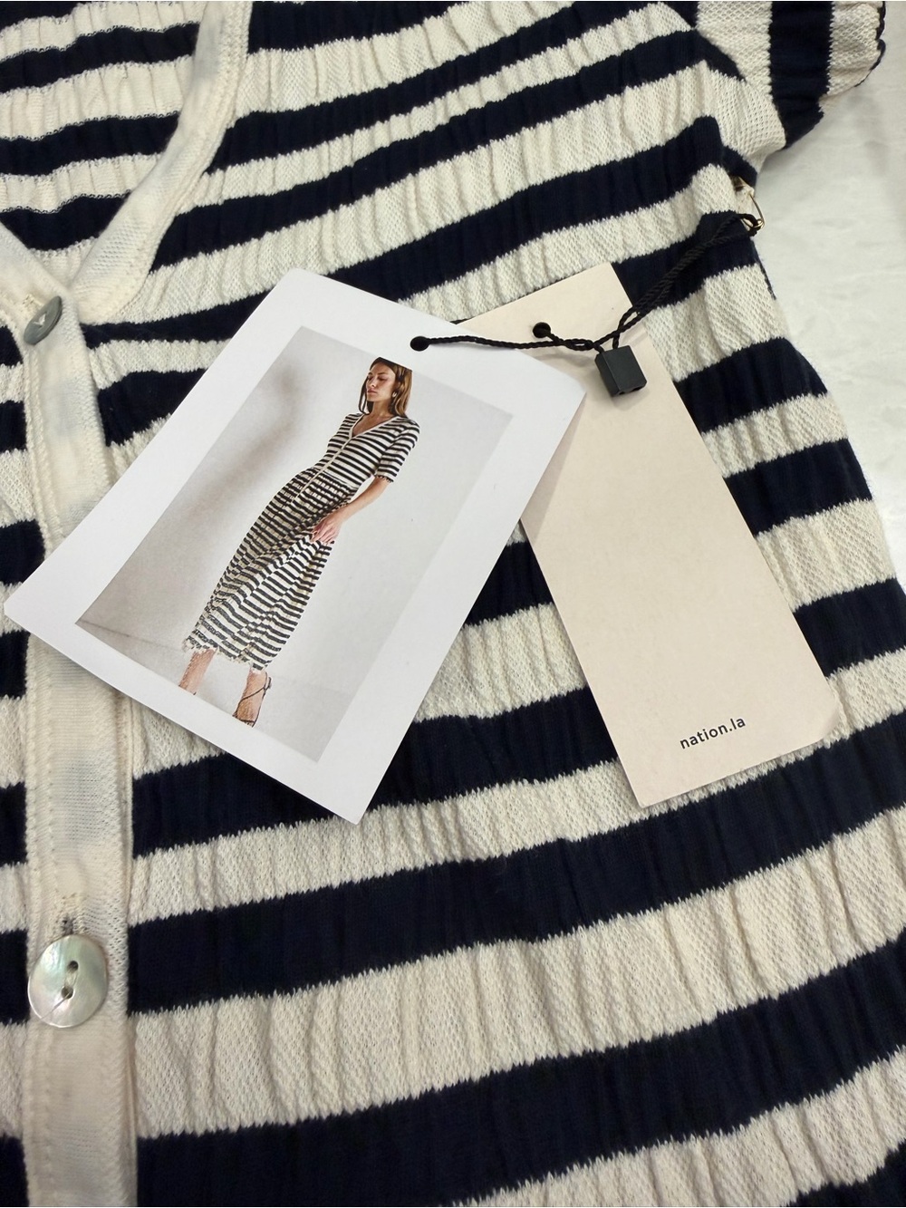 Nation Striped V-Neck Button-Front Midi Dress in Navy and Cream - Picture 6 of 6